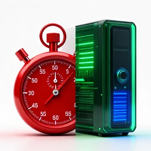 Split image of a vibrant red racing stopwatch merging into a high-tech computer with glowing green and blue progress bars, set against a bright white background.