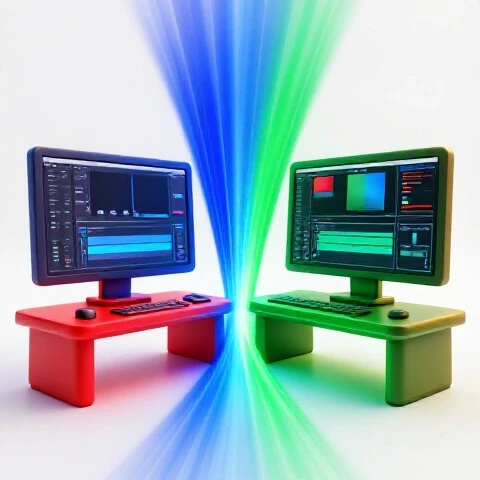 Two vibrant editing workstations on split screens facing off with glowing energy on a bright background.