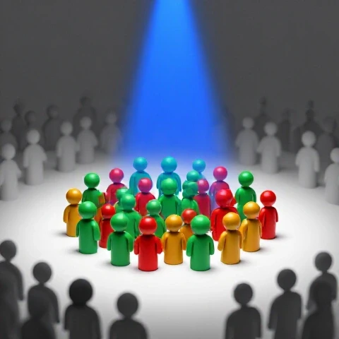 Spotlight reveals vibrant, engaged audience icons emerging from a shadowy crowd, symbolizing YouTube audience discovery.