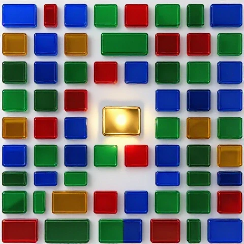 A maze of colorful video thumbnails with one uniquely illuminated at the center, standing out vividly.