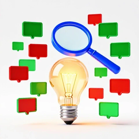 A glowing lightbulb under a royal blue magnifying glass with colorful video thumbnails branching outward on a bright white background.