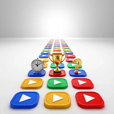 A winding path of colorful video play buttons with a clock, trophy, and question mark as milestones on a bright background