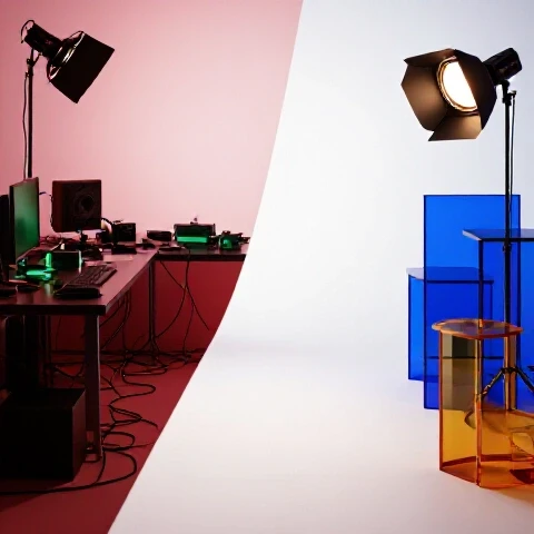 Split scene showing a cluttered, dim video setup contrasted with a sleek, brightly lit studio in vivid colors.
