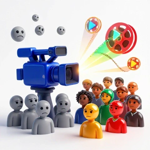 Split-screen scene with disengaged viewers on one side and an engaged, vibrant audience on the other, highlighted by vivid video symbols.