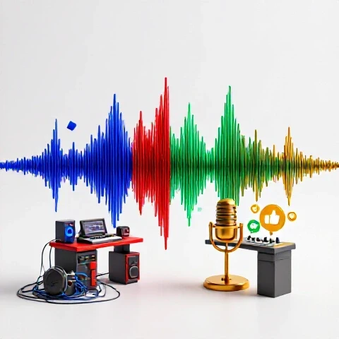 Split scene with chaotic glitchy audio waves and tangled gear contrasted against clear sound signals, organized equipment, and glowing engagement icons on a bright background.
