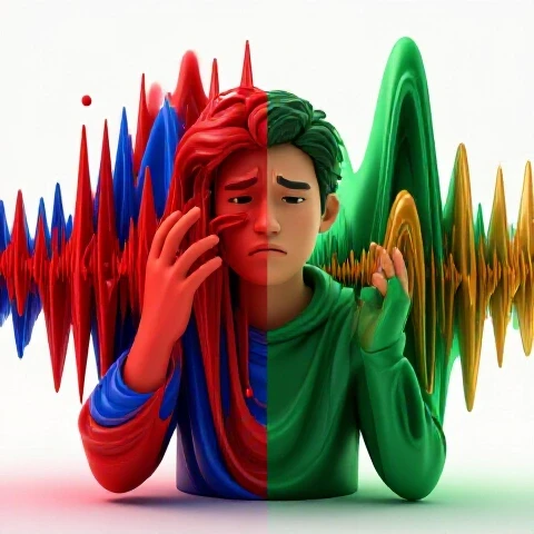 Split image with chaotic, distorted sound waves on one side and smooth, clear waves on the other against a bright background.