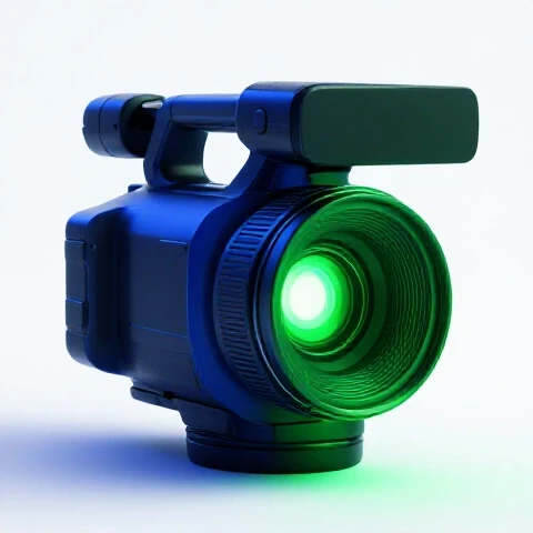 A dramatic split image shows a video camera transitioning from shadowy darkness to vibrant, brightly illuminated colors.