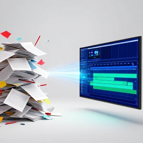 Split-screen of messy script notes transforming into a clean, vibrant video timeline on a bright background.