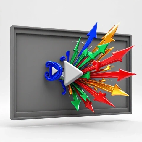 A dull grayscale video frame transforms into a burst of vivid, colorful creative elements with dynamic arrows.