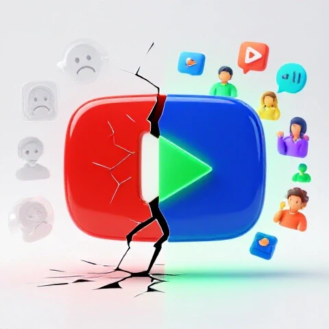 Split image showing a broken YouTube play button with disappointed icons on one side and a restored button with engaged icons on the other.