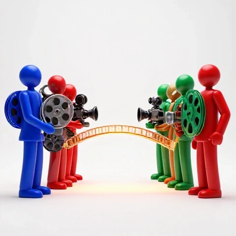 Two groups with colorful film reels and camera gear face each other across a gap, joined by a glowing bridge symbolizing team connection.