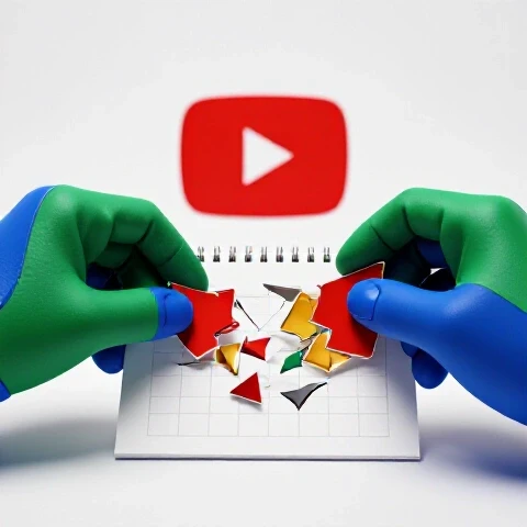 A shattered calendar page is pieced together by vibrant hands, with a subtle play button in the background on a bright studio backdrop.