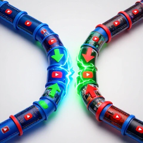 A split pipeline of colorful YouTube thumbnails bridged by glowing arrows, symbolizing repair and restored flow.