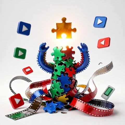 A glowing puzzle piece fits into place among tangled, colorful video elements and film strips on a bright background.