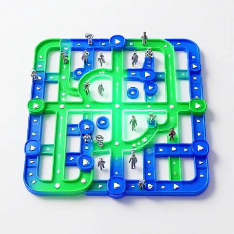 Tangled video icons and avatar symbols forming an obstacle course, with a glowing path guiding through the confusion on a bright background.