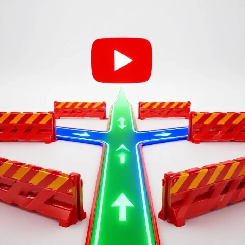 A crossroads with one path blocked by warning signs and another path illuminated by arrows leading to a glowing YouTube logo.