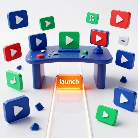 Central desk surrounded by broken video and course icons, lit path leading to glowing launch button in distance.