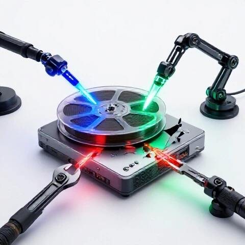 Broken film reel and video player repaired by glowing futuristic tools, vibrant colors on bright studio background