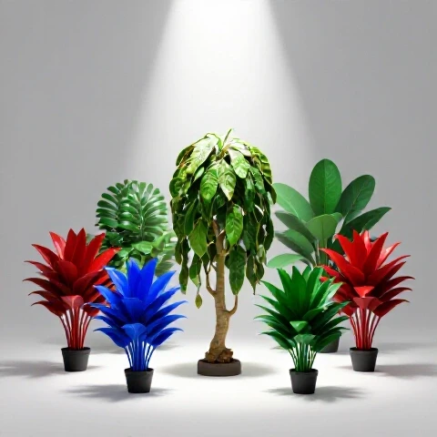 A wilted plant in a dramatic spotlight surrounded by vibrant, healthy plants on a bright background.