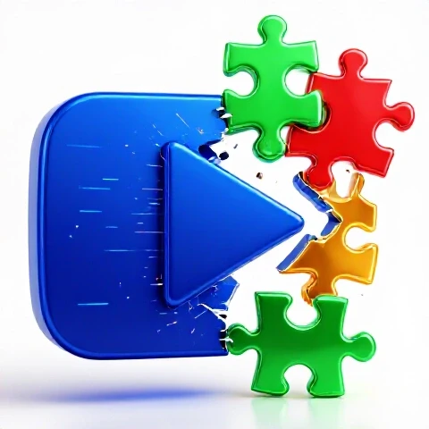 A fractured video play button being repaired by glowing, colorful puzzle pieces on a bright white background.