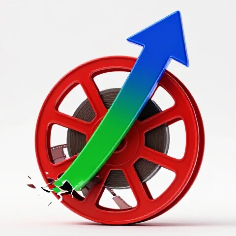 A broken crimson film reel morphing into a vibrant, upward arrow against a bright white background.