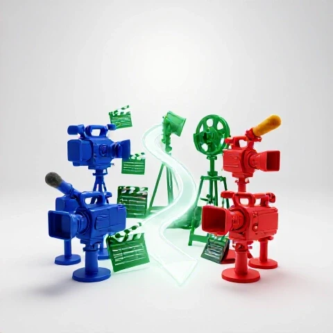 Vivid studio scene with chaotic video gear and glowing path leading from clutter to spotlight