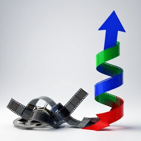 A tangled, broken filmstrip transforming into a vibrant upward-spiraling arrow on a bright studio background.