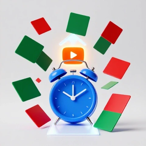 Chaotic scene of clocks and video thumbnails swirling, a glowing upload path leads to a vibrant YouTube channel icon in a bright studio setting.