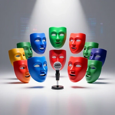 Spotlight illuminates vivid colored face masks eagerly focused on a central microphone with a bright studio background