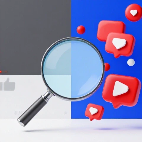 Split-scene image of a gray YouTube thumbnail with low engagement beside a vibrant thumbnail full of likes and views, connected by a magnifying glass.
