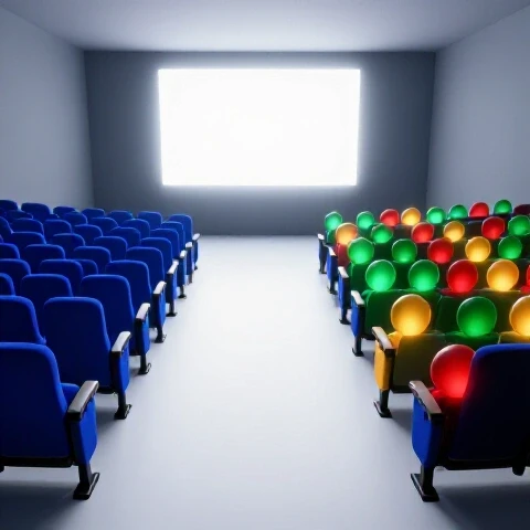 Split scene of empty blue theater seats and packed colorful orbs as audience focused on a glowing screen.