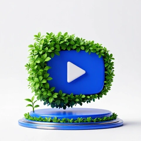 A vibrant YouTube play button icon sits on a glossy platform, surrounded by a plant transforming from small to lush growth.