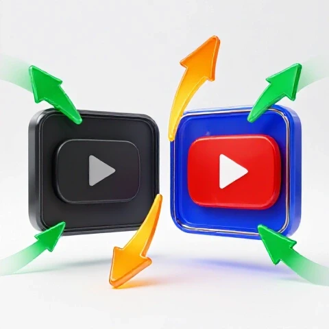 Two contrasting YouTube ad thumbnails, one dull and one vibrant, linked by dynamic arrows on a bright white background.