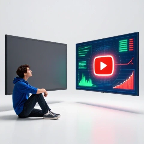Split scene showing a bored viewer with a dull video screen beside an engaged viewer surrounded by vibrant data graphs.