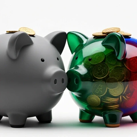 A split piggy bank scene showing a dull gray side with few coins and a vibrant glowing side overflowing with gold coins.