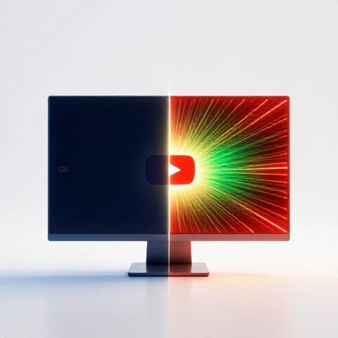 Split scene with an empty, dark YouTube screen contrasted against a glowing, vibrant YouTube interface in a bright studio.