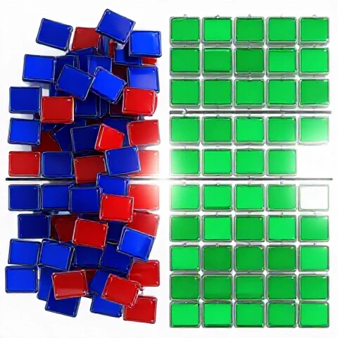 A split-scene timeline showing chaotic jumbled clips transitioning into a clean, organized sequence on a bright white background.