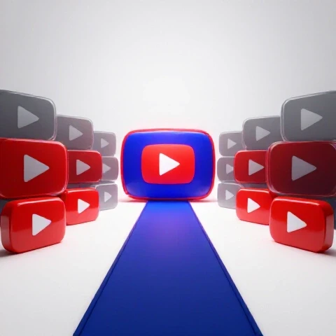 Vivid YouTube thumbnails with central image glowing brightly under spotlight, others fading into dim area, set on luminous white background with bold path connecting them.