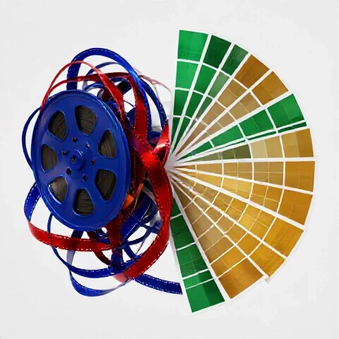 Vivid film reel tangled into chaotic shapes, unraveling into neat, colorful storyboard frames on a bright background.