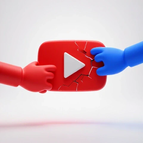 Energized hands jump-starting a broken YouTube play button, vivid colors on a bright white background