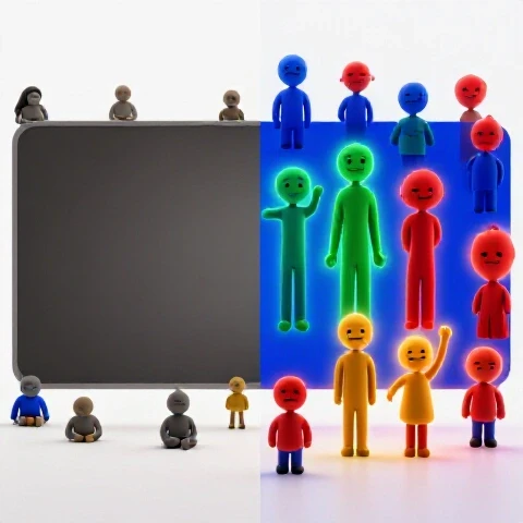 Split-scene image of a dull YouTube thumbnail with bored viewer icons on one side and a vibrant thumbnail with excited viewers on the other, set on a bright white background.