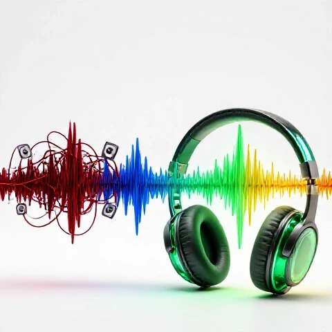 Split scene showing chaotic audio waveforms and glitchy speakers transforming into clear, smooth waves from headphones on a bright studio background.