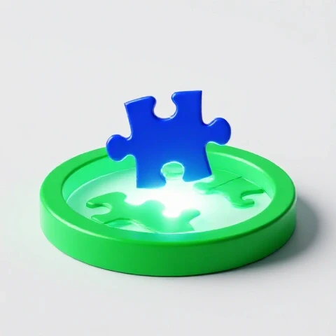 Glossy blue puzzle piece hovers above a glowing green open loop on a bright studio background