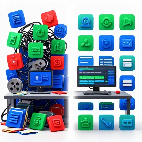 A vivid split scene shows a messy video editing setup transforming into a clean, organized workspace on a bright background.