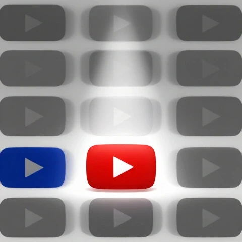 A vibrant YouTube video thumbnail spotlighted among a row of faded thumbnails, on a bright white background.
