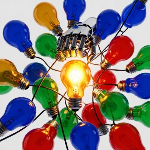 A polished scene of tangled colored lightbulbs being unraveled by a metallic hand, revealing one glowing bulb at the center on a bright background.