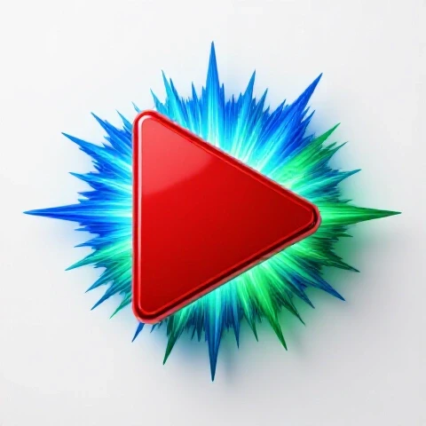 A glossy metallic red play button emits vibrant blue and green energy bursts against a bright white background.