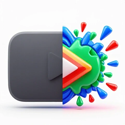 Dramatic split scene showing a dull gray video icon on one side and a vibrant, colorful video icon with dynamic shapes on the other, set against a luminous white background.