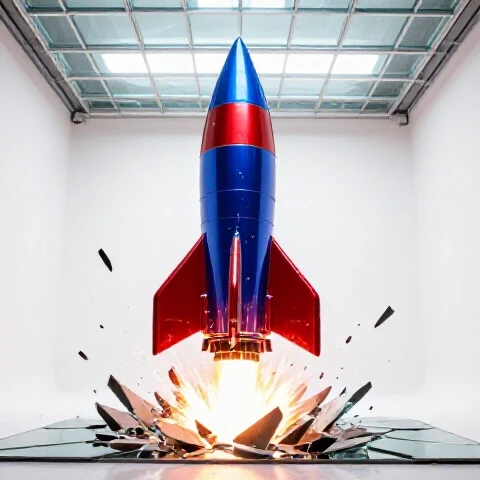 A vibrant rocket shattering a glass ceiling with explosive energy against a bright white background.