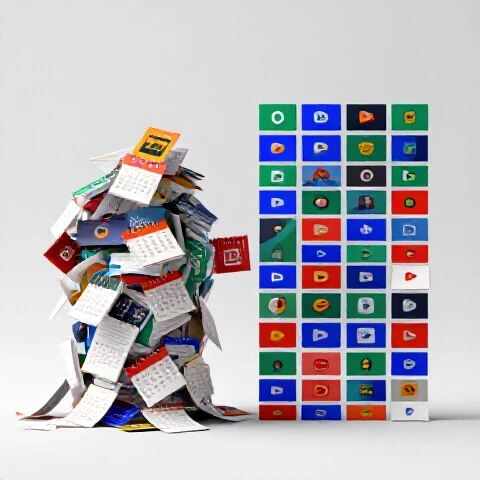 A chaotic pile of video thumbnails and calendar pages transforming into a vibrant, orderly timeline on a bright studio background.